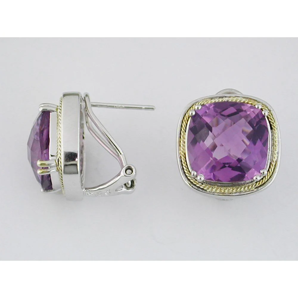 Silver and Gold Cushion Cut Amethyst Stud Earrings with Rope Detail - 12.50 Carat Total Amethyst Weight - Royal Jewelry