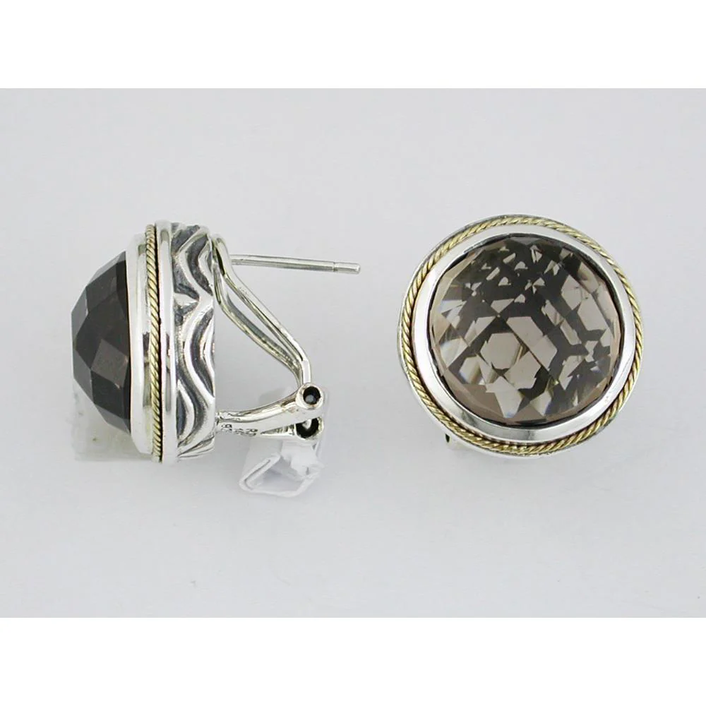 Silver and Gold Round Smoky Quartz Button Earrings - 21.00 Carat Total Smoky Quartz Weight - Royal Jewelry