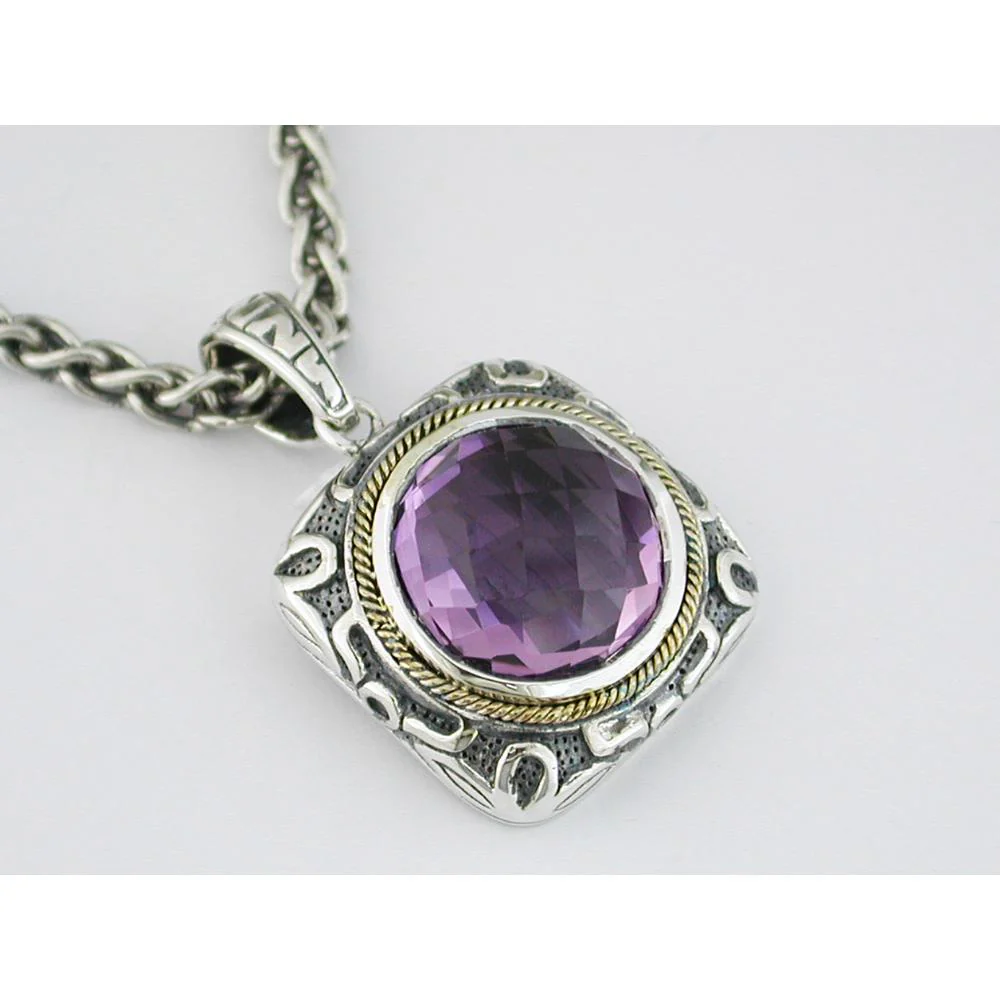 Silver & Gold-Tone Pendant Necklace with 10.00 Carat Round Amethyst Center Stone - Royal Jewelry