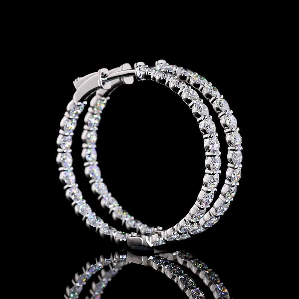 Silver Double Row Medium Hoop Earrings with Prong Set Round Lab Diamonds - 4.39 Carat Total Diamond Weight - Covaloro Fine Jewelry