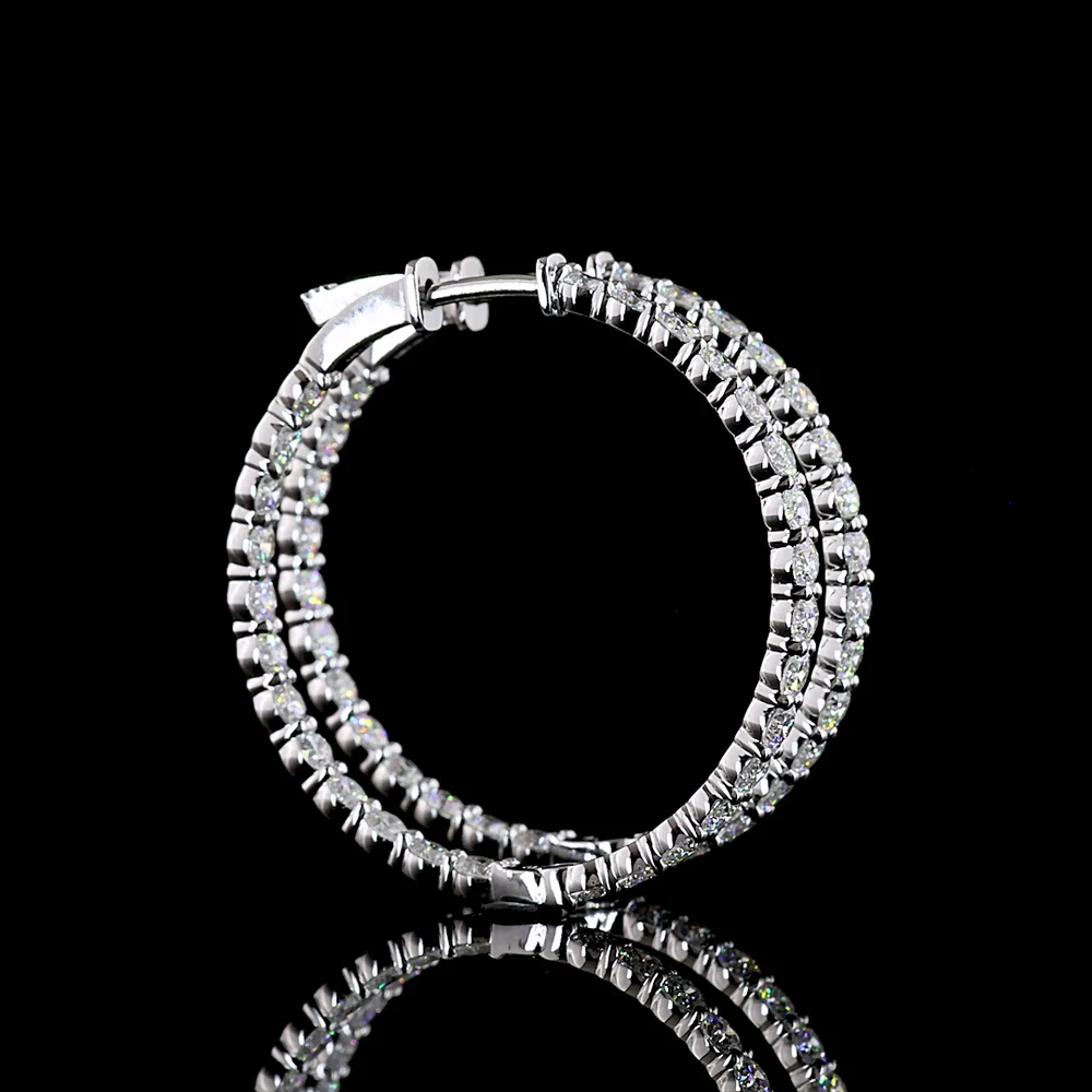 Silver Medium Hoop Earrings with 2.99 Carat Total Weight Prong-Set Round Brilliant Cut Lab Diamonds - E-F Color, VS1 Clarity - Covaloro Fine Jewelry