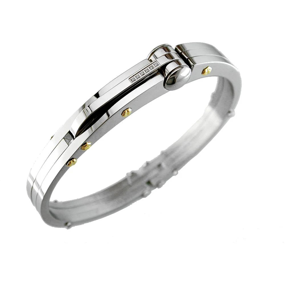 Stainless Steel & 14K Yellow Gold Hinged Bangle with Channel-Set Round Diamond Accents - 0.04 Carat Total Diamond Weight - Royal Jewelry