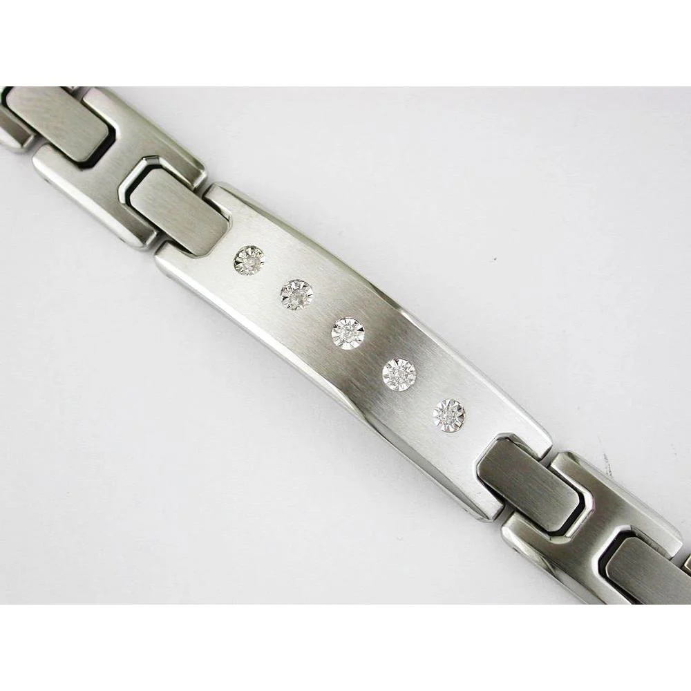 Stainless Steel Link Bracelet with Flush Set Round Diamonds - 0.12 Carat Total Diamond Weight - Royal Jewelry