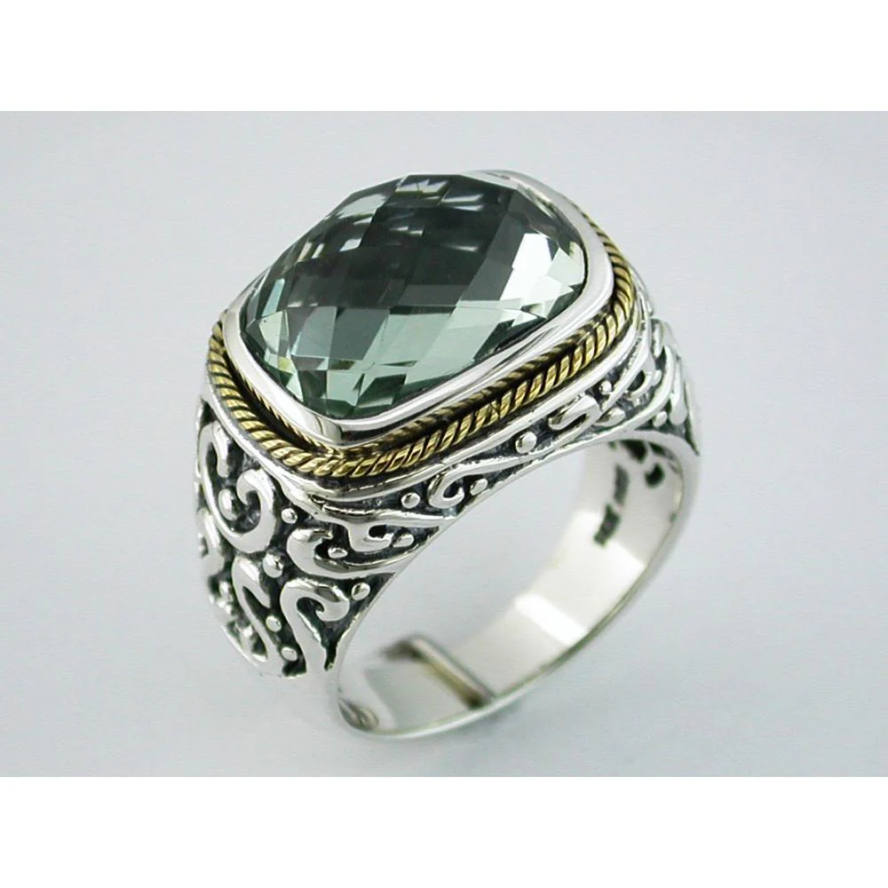 Sterling Silver and Gold Accent Vintage Ring with Checkered Board Cut Green Amethyst - 6.70 Carats - Royal Jewelry