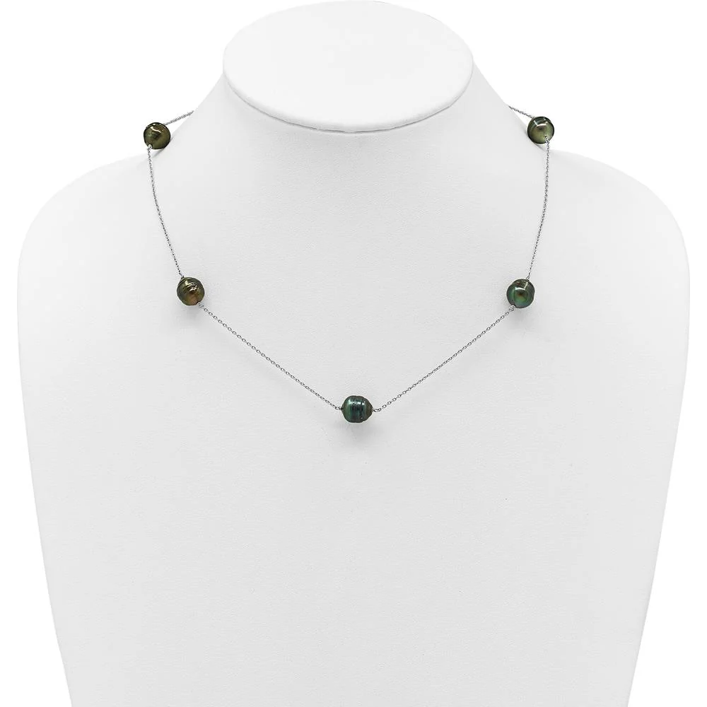 Sterling Silver Rhodium-Plated 18" Necklace with 5 Baroque Black Tahitian Cultured Pearls - 9-10mm by Monteluci Fine Jewelry - Image 3