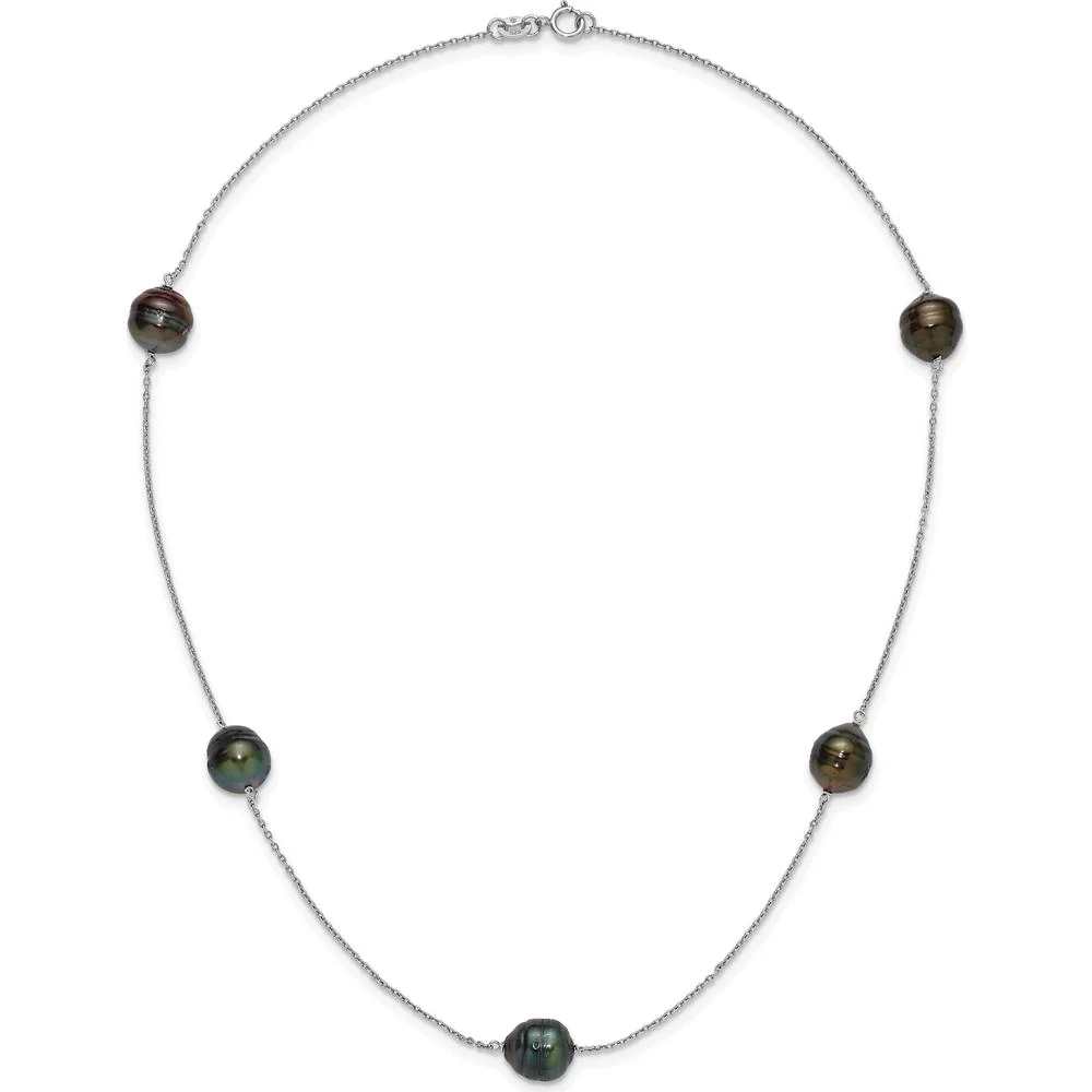 Sterling Silver Rhodium-Plated 18" Necklace with 5 Baroque Black Tahitian Cultured Pearls - 9-10mm by Monteluci Fine Jewelry - Image 4