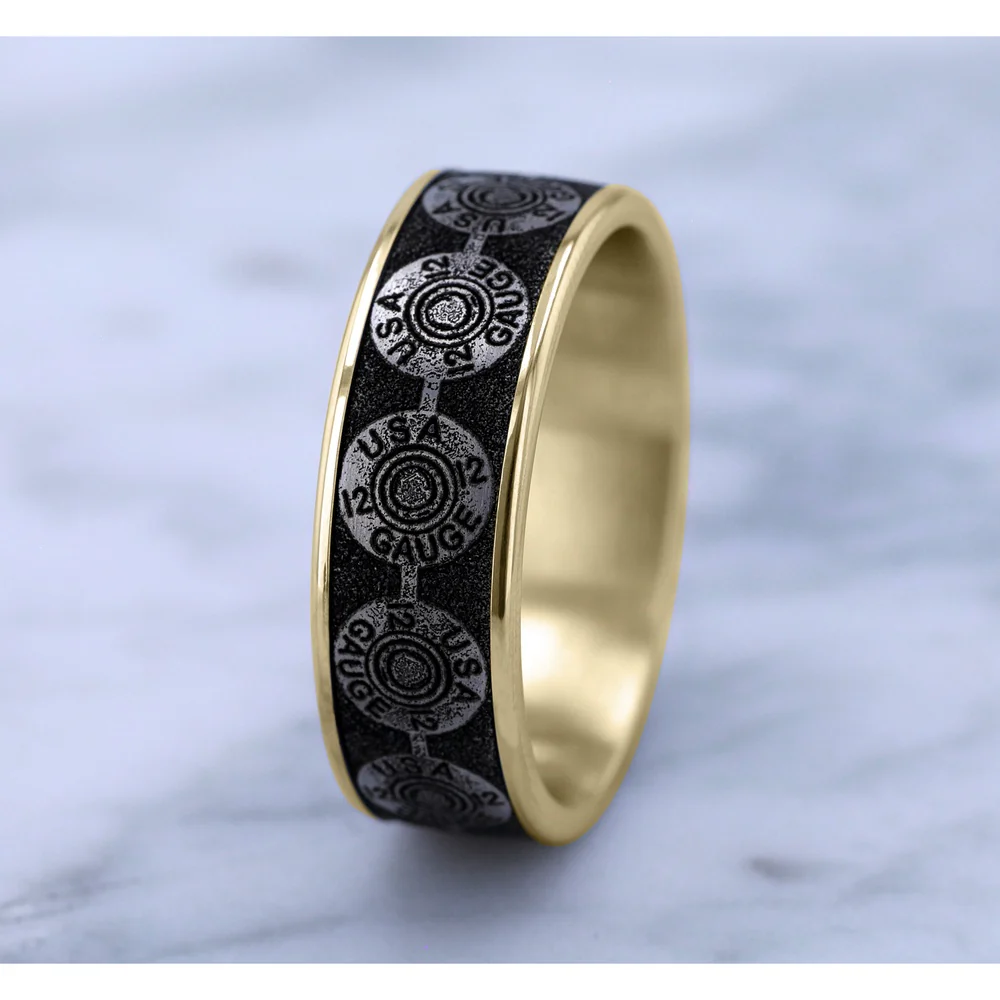 The 12 Gauge Men's Wedding Band in 14K Yellow Gold and Grey/Black Titanium - 7.5mm Width by Brook and Branch - Image 4