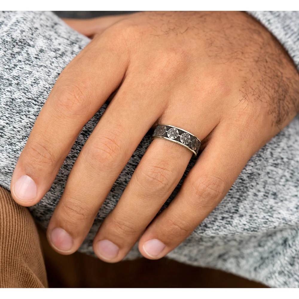 The 12 Gauge Men's Wedding Band in 14K Yellow Gold and Grey/Black Titanium - 7.5mm Width by Brook and Branch - Image 5