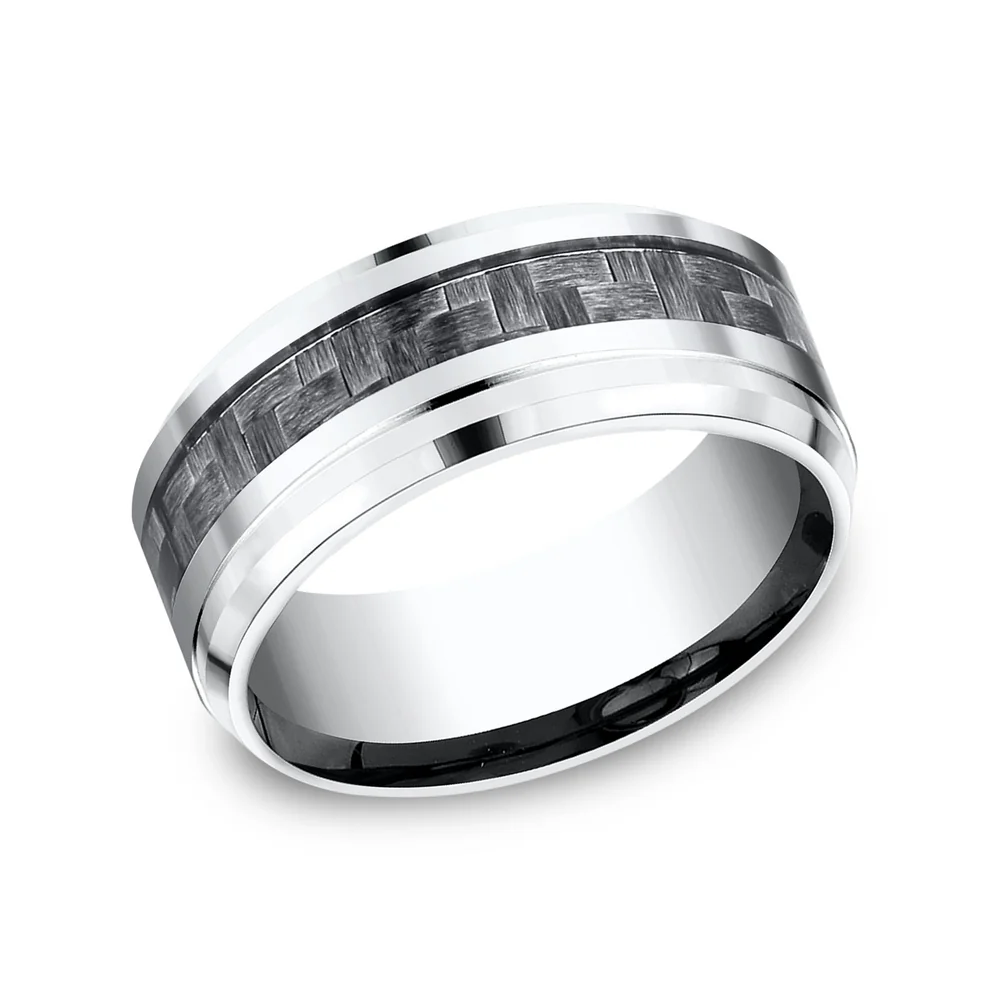 The Andretti Men's Wedding Band in White Cobalt and Grey Carbon Fiber - 9mm Width by Forge