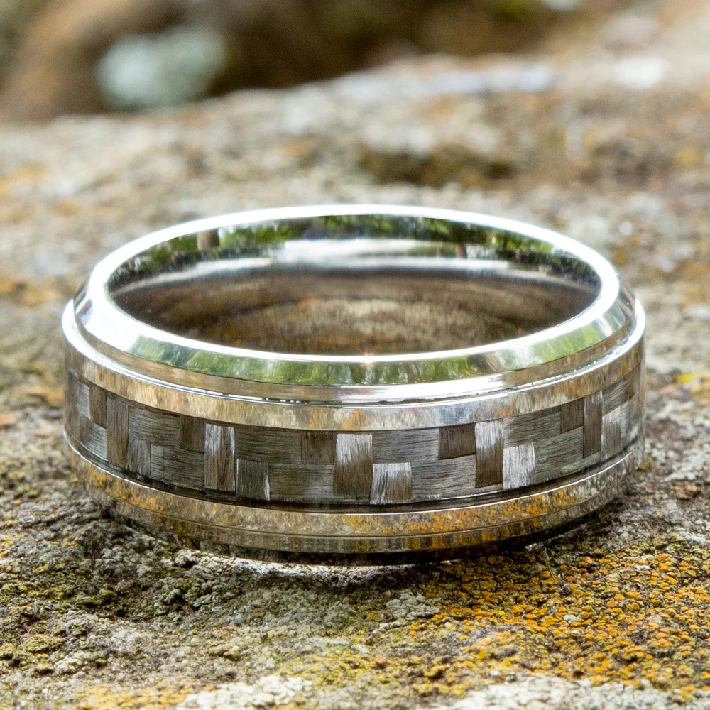 The Andretti Men's Wedding Band in White Cobalt and Grey Carbon Fiber - 9mm Width by Forge - Image 4