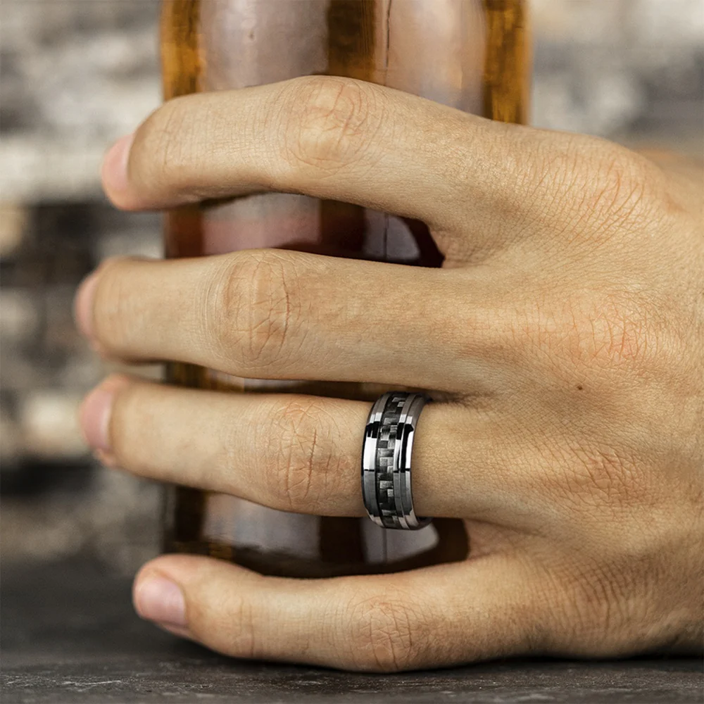 The Andretti Men's Wedding Band in White Cobalt and Grey Carbon Fiber - 9mm Width by Forge - Image 5