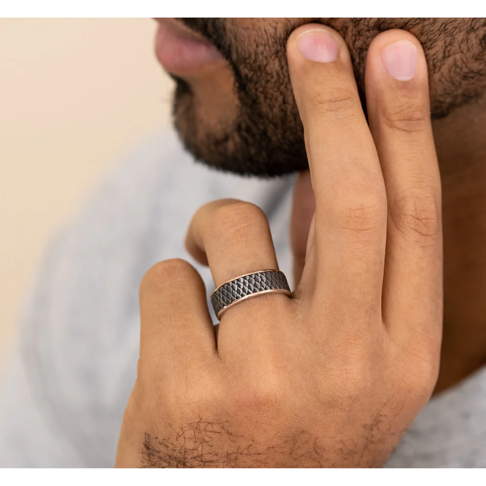 The Angler Men's Wedding Band in 14K Rose Gold and Grey Tantalum - 7.5mm Width by Brook and Branch - Image 5
