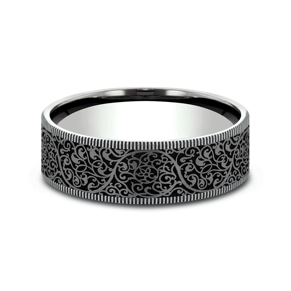 The Arabesque Men's Wedding Band in 14K White Gold and Grey Tantalum - 7.5mm Width by Ammara Stone - Image 3