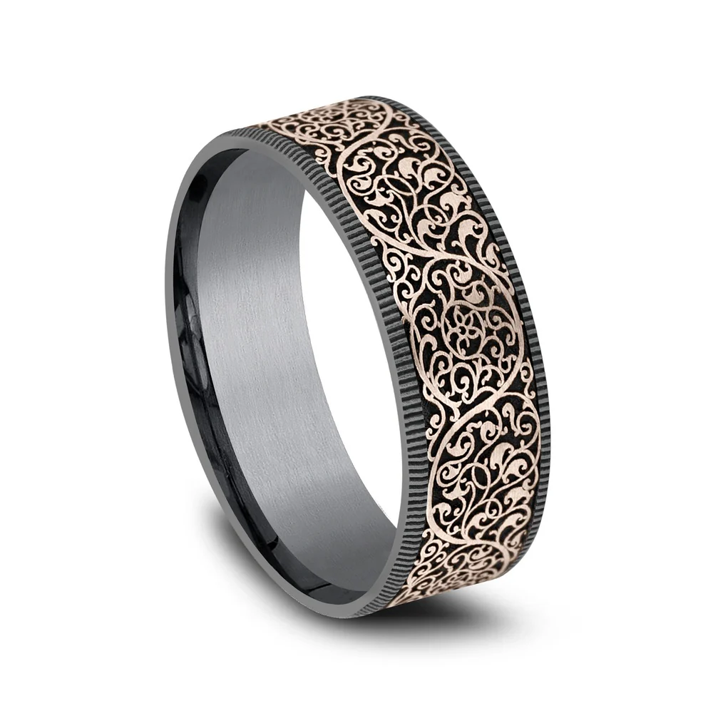 The Arabesque Men's Wedding Band in Grey Tantalum and 14K Rose Gold - 7.5mm Width by Ammara Stone - Image 2
