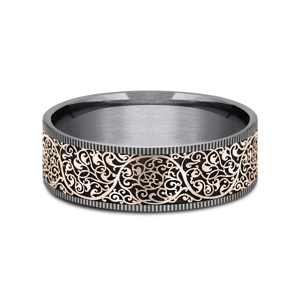 The Arabesque Men's Wedding Band in Grey Tantalum and 14K Rose Gold - 7.5mm Width by Ammara Stone - Image 3