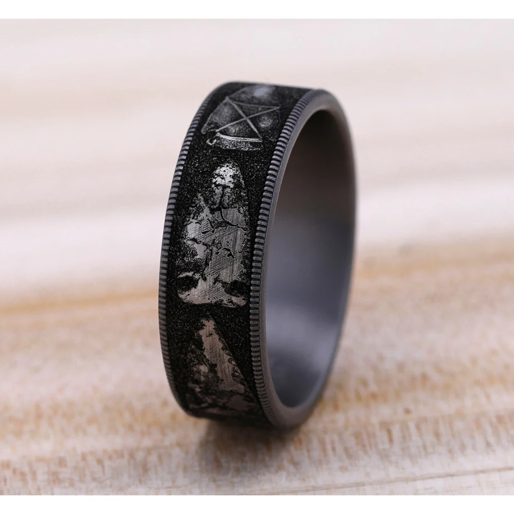 The Arrowhead Men's Wedding Band in Grey Tantalum and Grey/Black Titanium - 7.5mm Width by Brook and Branch - Image 4