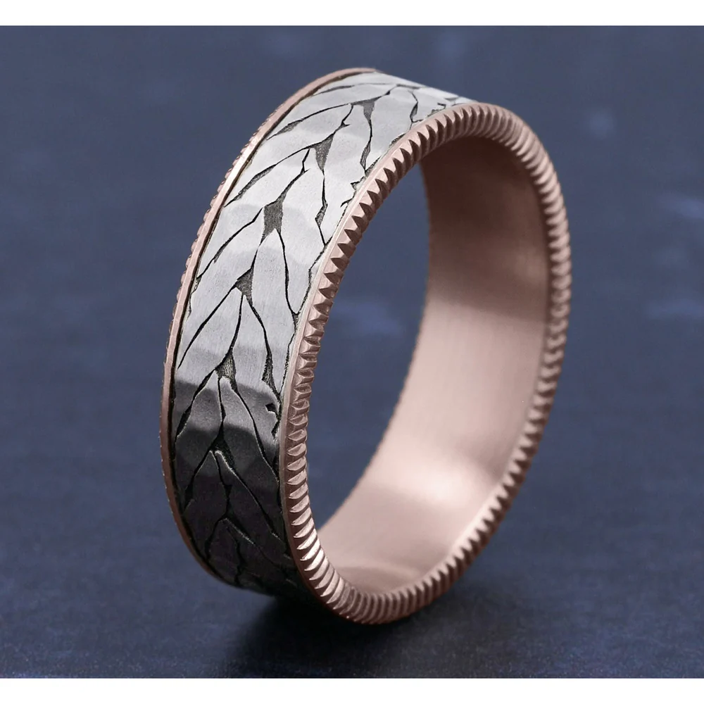 The Axis Men's Wedding Band in 14K Rose Gold and Grey-Black Titanium - 7.5mm Width by Ammara Stone - Image 4