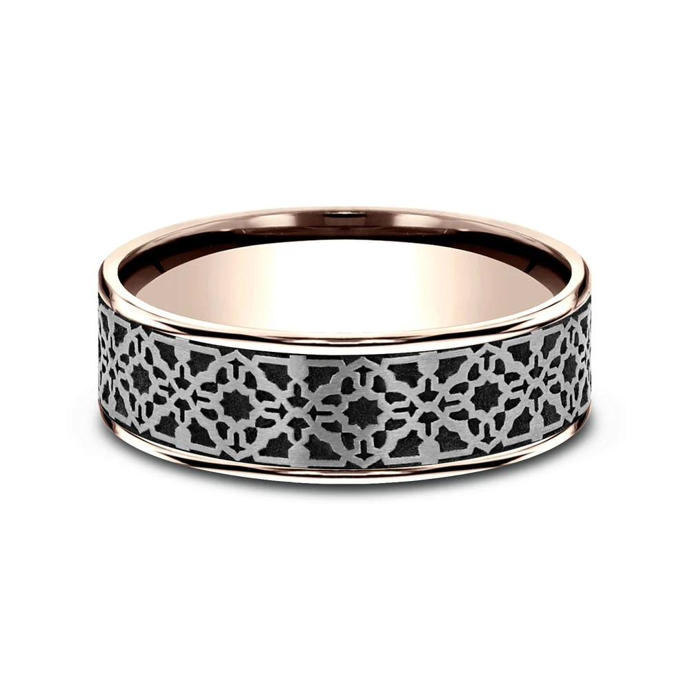 The Aztec Men's Wedding Band in 14K Rose Gold and Grey/Black Titanium - 7.5mm Width by Ammara Stone - Image 3