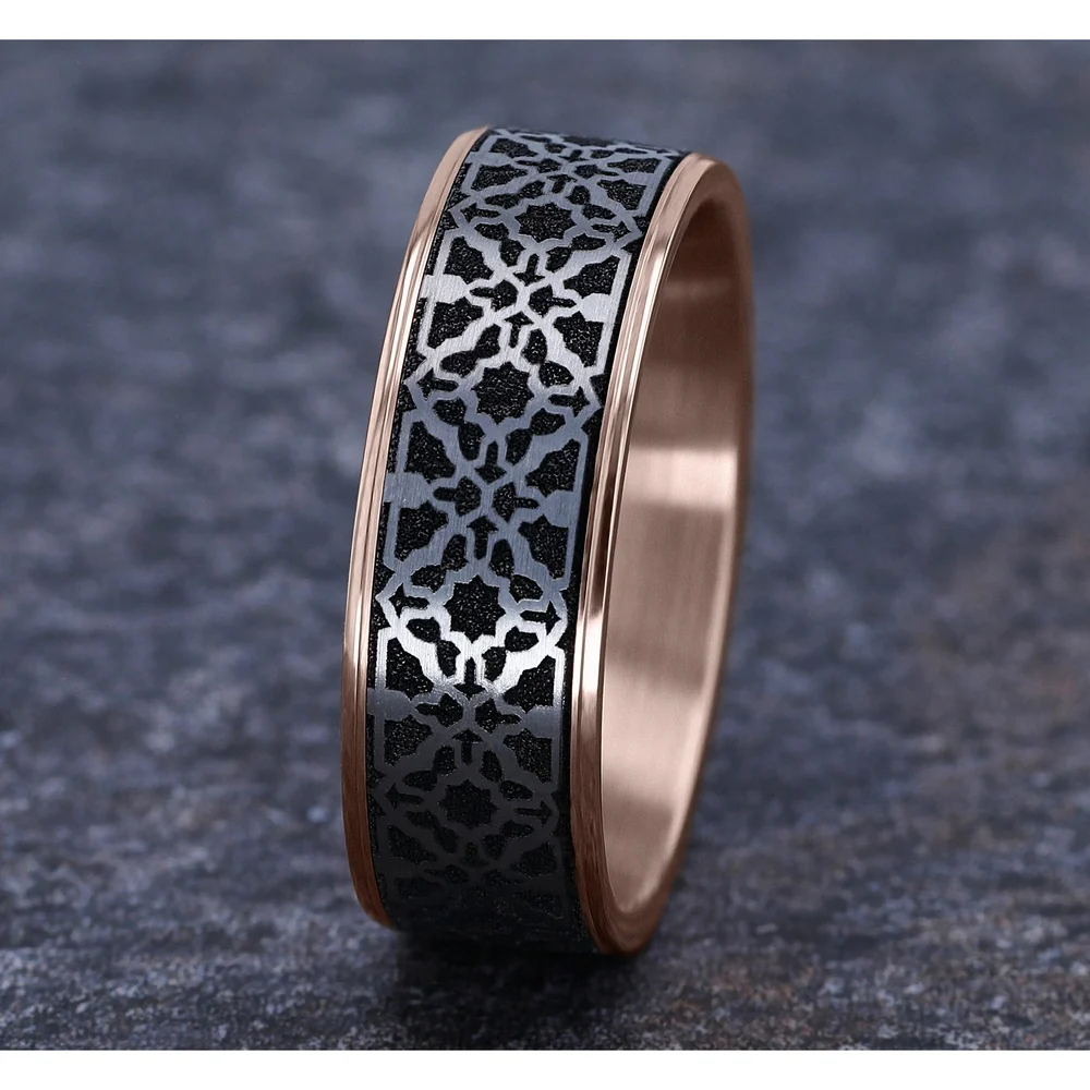 The Aztec Men's Wedding Band in 14K Rose Gold and Grey/Black Titanium - 7.5mm Width by Ammara Stone - Image 4