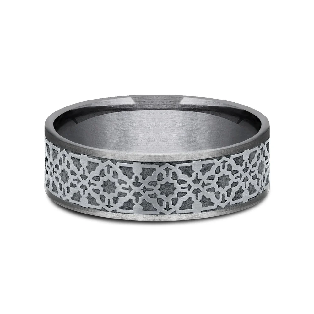The Aztec Men's Wedding Band in Grey Tantalum and 14K White Gold - 7.5mm Width by Ammara Stone - Image 3
