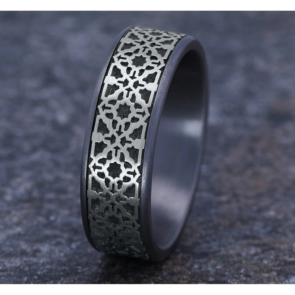 The Aztec Men's Wedding Band in Grey Tantalum and 14K White Gold - 7.5mm Width by Ammara Stone - Image 4