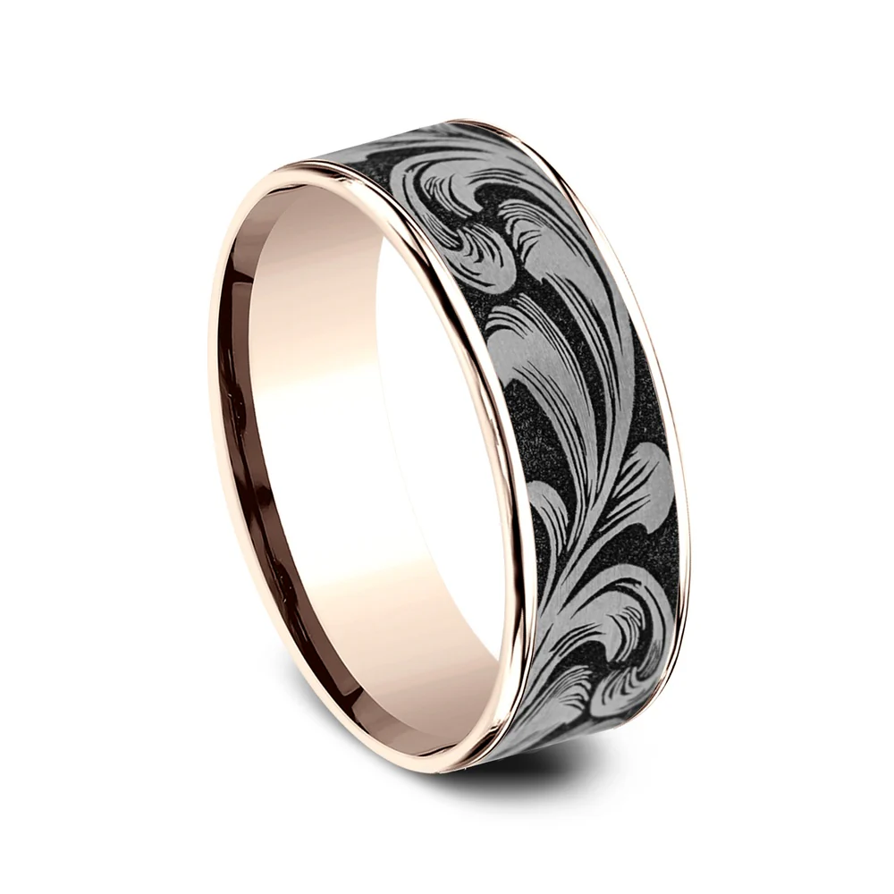 The Barrel Script Men's Wedding Band in 14K Rose Gold and Grey/Black Titanium - 7.5mm Width by Brook and Branch - Image 2