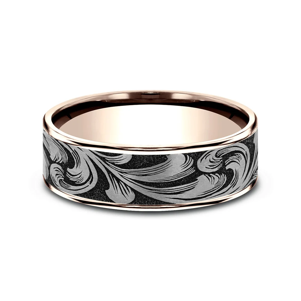 The Barrel Script Men's Wedding Band in 14K Rose Gold and Grey/Black Titanium - 7.5mm Width by Brook and Branch - Image 3