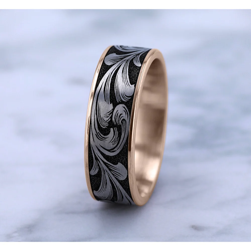 The Barrel Script Men's Wedding Band in 14K Rose Gold and Grey/Black Titanium - 7.5mm Width by Brook and Branch - Image 4