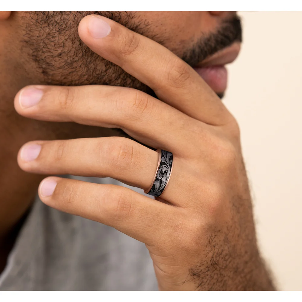 The Barrel Script Men's Wedding Band in 14K Rose Gold and Grey/Black Titanium - 7.5mm Width by Brook and Branch - Image 5