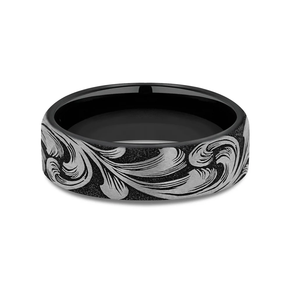 The Barrel Script Men's Wedding Band in Grey/Black Titanium - 6.5mm Width by Brook and Branch - Image 3