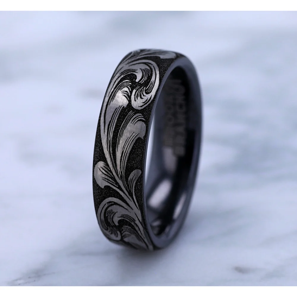 The Barrel Script Men's Wedding Band in Grey/Black Titanium - 6.5mm Width by Brook and Branch - Image 4