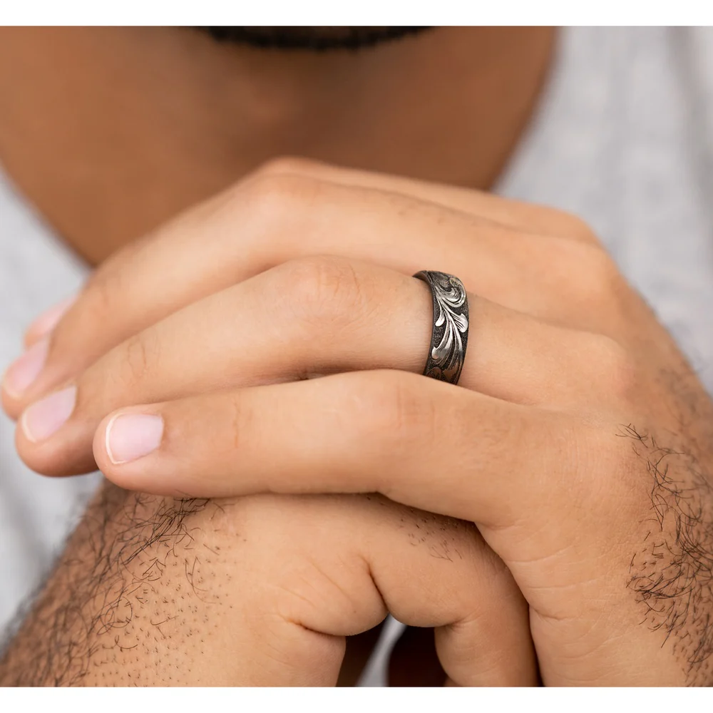 The Barrel Script Men's Wedding Band in Grey/Black Titanium - 6.5mm Width by Brook and Branch - Image 5
