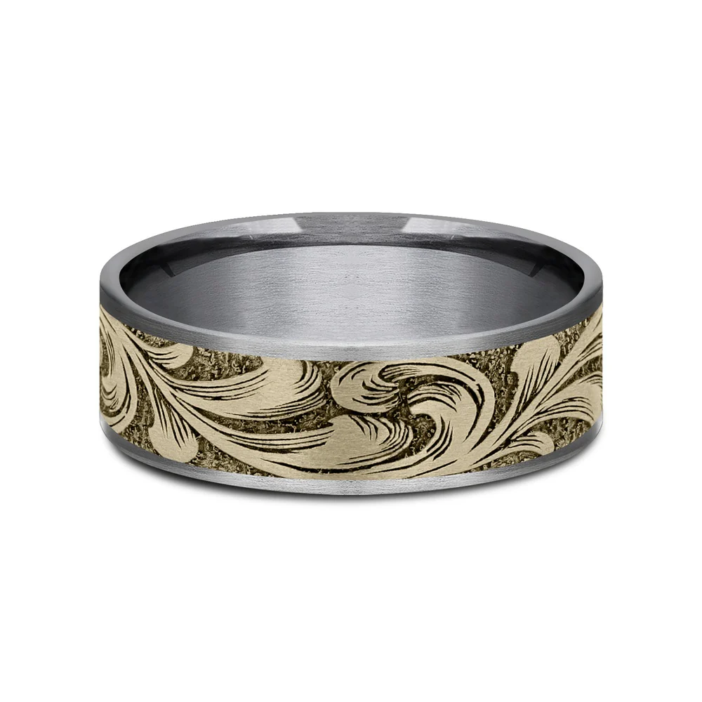 The Barrel Script Men's Wedding Band in Grey Tantalum and 14K Yellow Gold - 7.5mm Width by Brook and Branch - Image 3