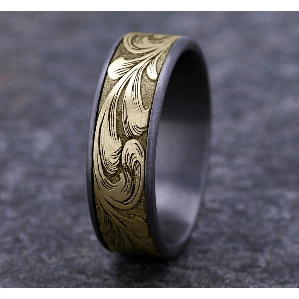 The Barrel Script Men's Wedding Band in Grey Tantalum and 14K Yellow Gold - 7.5mm Width by Brook and Branch - Image 4