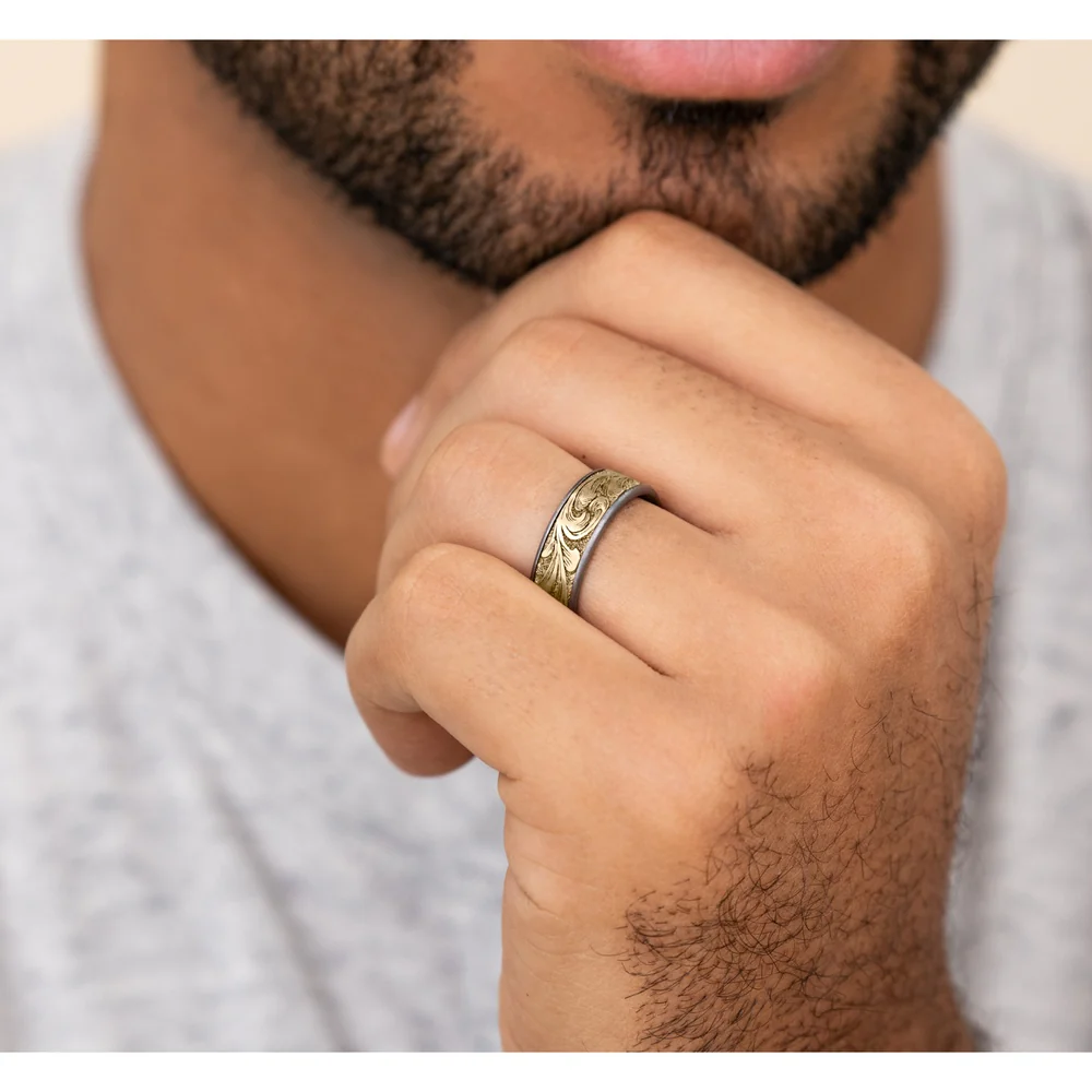 The Barrel Script Men's Wedding Band in Grey Tantalum and 14K Yellow Gold - 7.5mm Width by Brook and Branch - Image 5