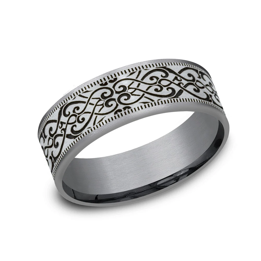 The Basilica Men's Wedding Band in Grey Tantalum and 14K White - 7.5mm Width by Ammara Stone