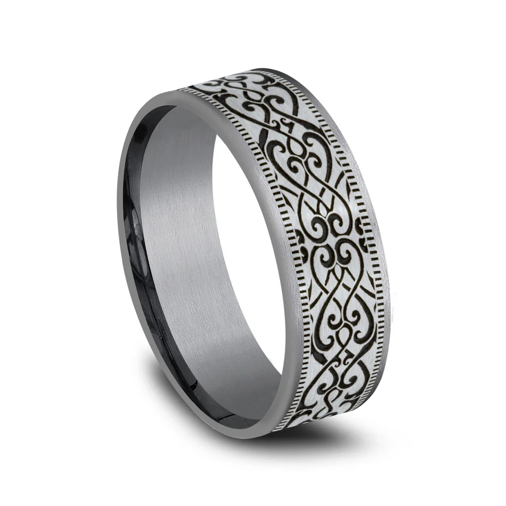 The Basilica Men's Wedding Band in Grey Tantalum and 14K White - 7.5mm Width by Ammara Stone - Image 2