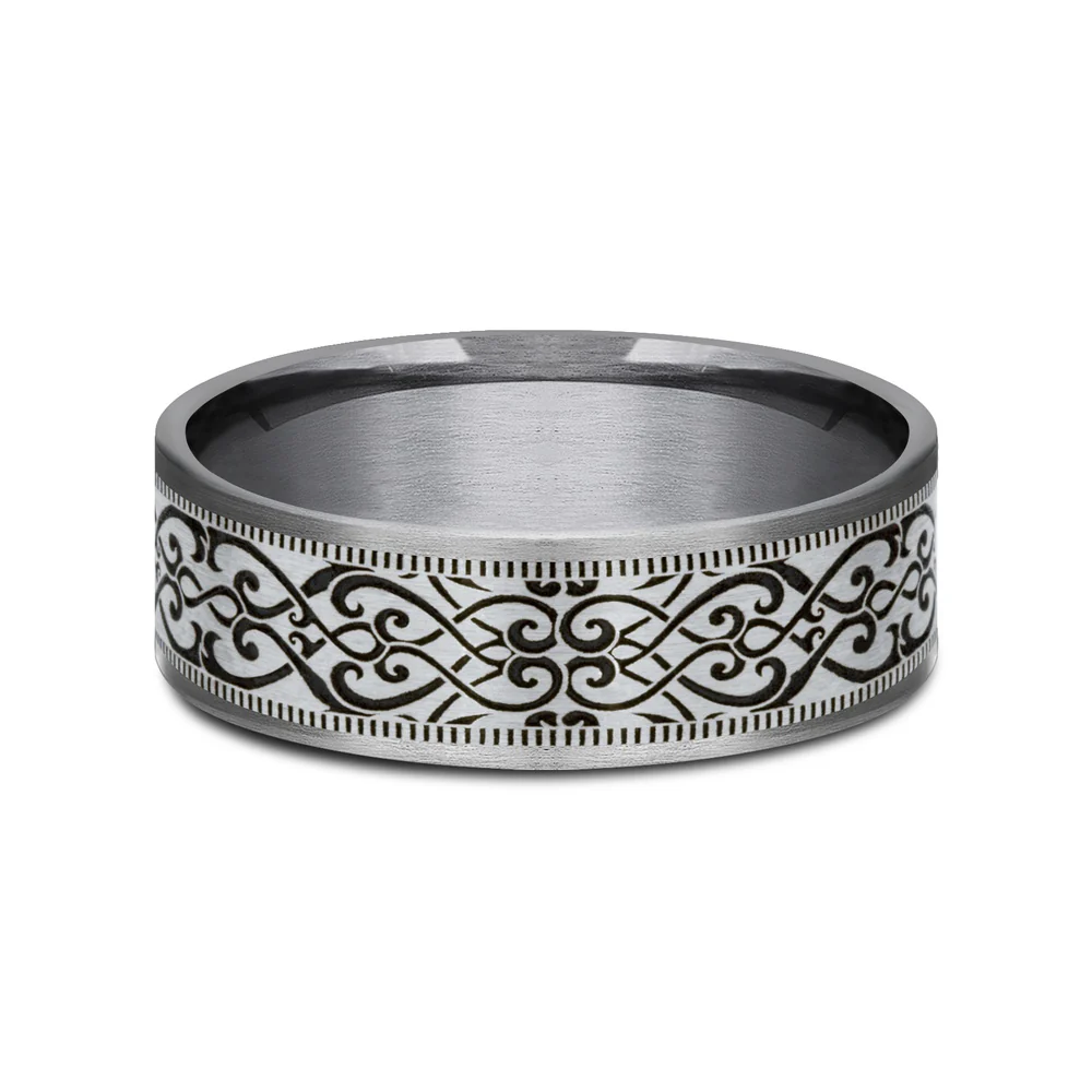 The Basilica Men's Wedding Band in Grey Tantalum and 14K White - 7.5mm Width by Ammara Stone - Image 3