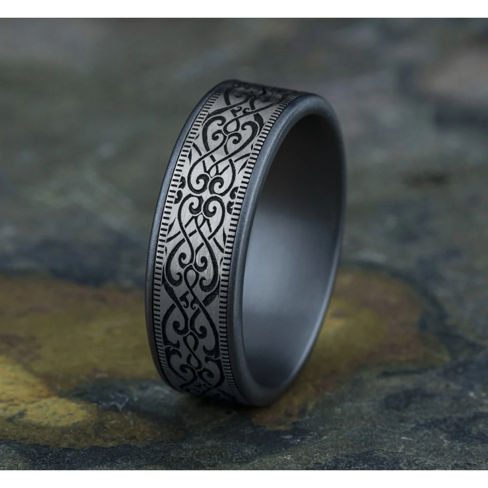 The Basilica Men's Wedding Band in Grey Tantalum and 14K White - 7.5mm Width by Ammara Stone - Image 4