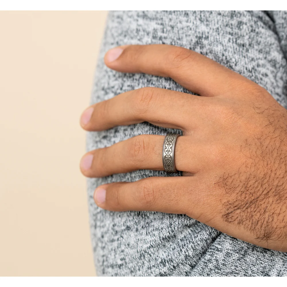 The Basilica Men's Wedding Band in Grey Tantalum and 14K White - 7.5mm Width by Ammara Stone - Image 5