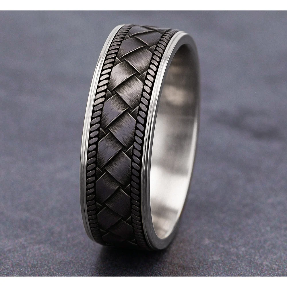 The Basket Men's Wedding Band in 14K White Gold and Grey Tantalum - 7.5mm Width by Ammara Stone - Image 4