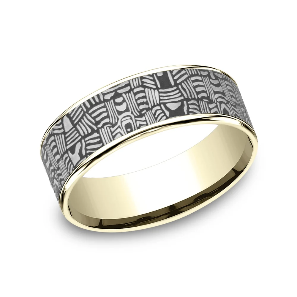 The Basket Weave Men's Wedding Band in 14K Yellow Gold and Tantalum - 7.5mm Width by Ammara Stone