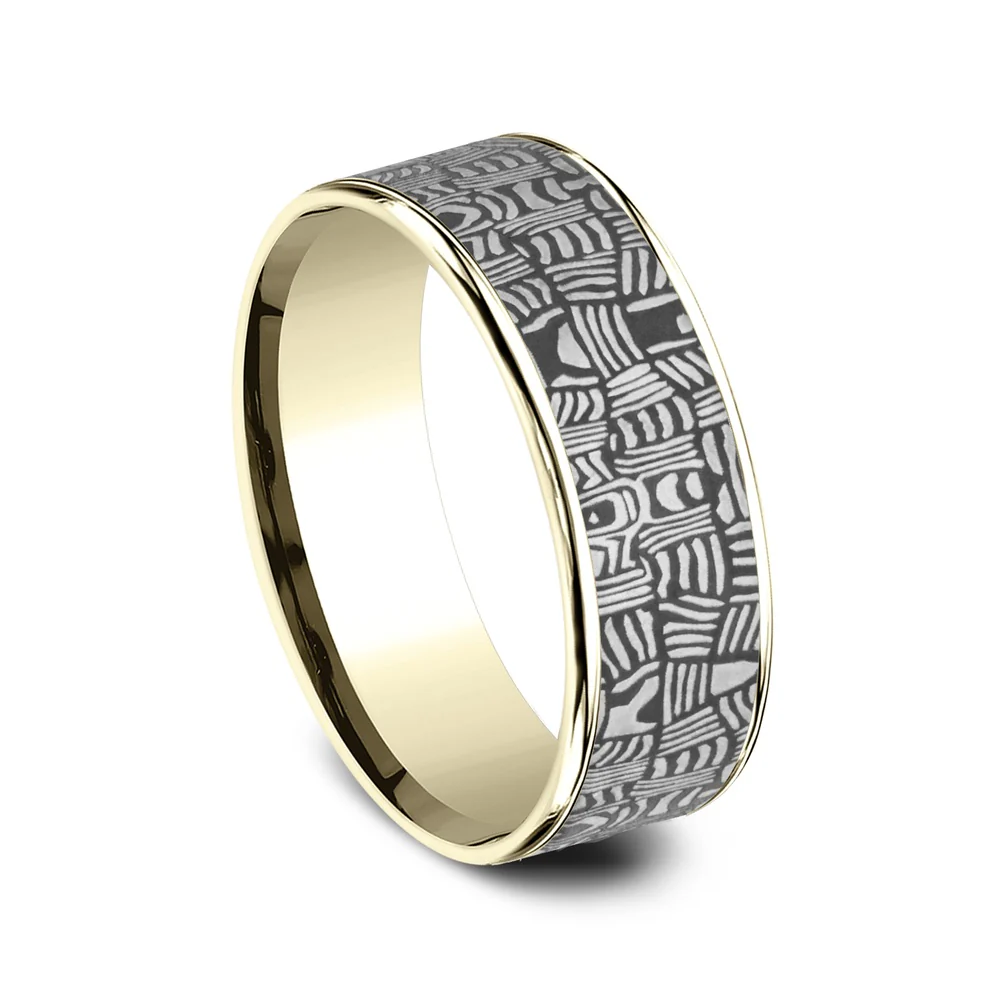 The Basket Weave Men's Wedding Band in 14K Yellow Gold and Tantalum - 7.5mm Width by Ammara Stone - Image 2