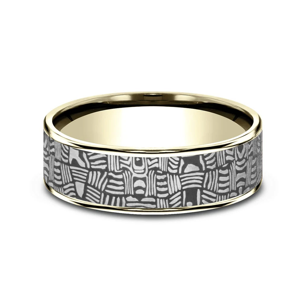 The Basket Weave Men's Wedding Band in 14K Yellow Gold and Tantalum - 7.5mm Width by Ammara Stone - Image 3