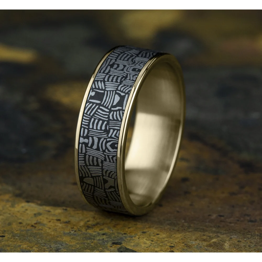 The Basket Weave Men's Wedding Band in 14K Yellow Gold and Tantalum - 7.5mm Width by Ammara Stone - Image 4