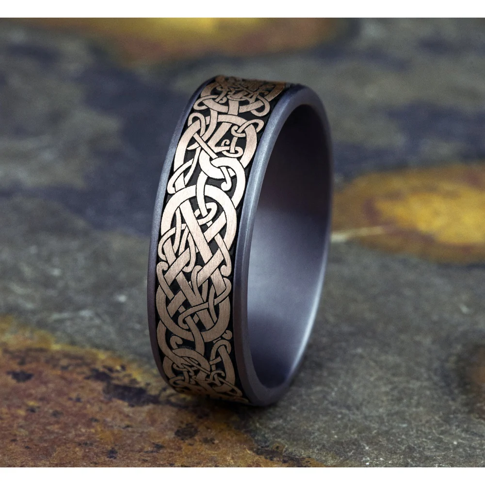 The Bergen Men's Wedding Band in Grey Tantalum and 14K Rose Gold - 7.5mm Width by Ammara Stone - Image 4