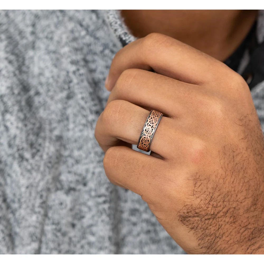 The Bergen Men's Wedding Band in Grey Tantalum and 14K Rose Gold - 7.5mm Width by Ammara Stone - Image 5