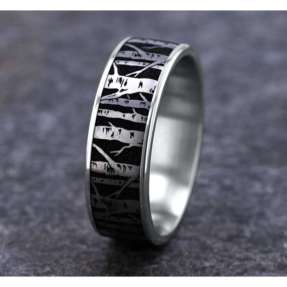 The Birch Men's Wedding Band in 14K White Gold and Grey/Black Titanium - 7.5mm Width by Brook and Branch - Image 4