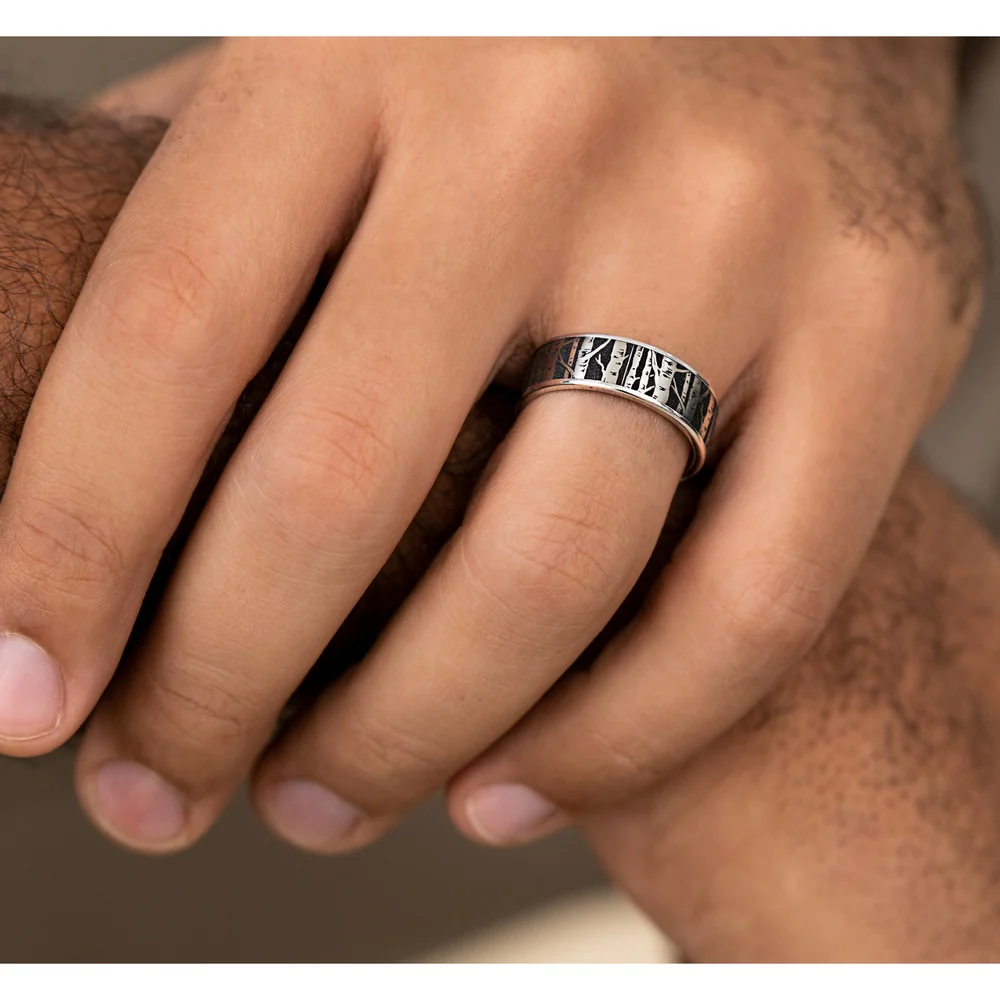 The Birch Men's Wedding Band in 14K White Gold and Grey/Black Titanium - 7.5mm Width by Brook and Branch - Image 5