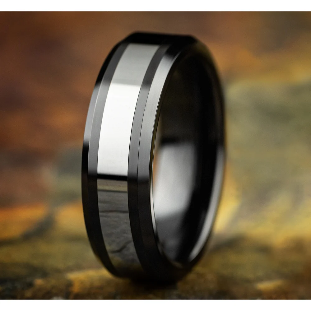 The Bogan Men's Wedding Band in Black Ceramic and Tungsten - 7mm Width by Forge - Image 4